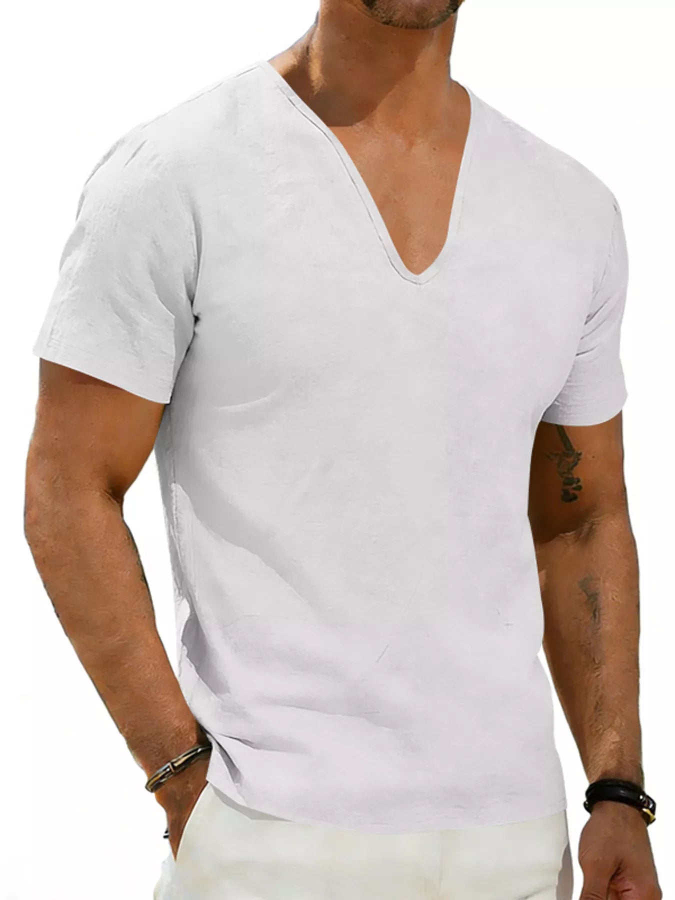 Men's Full Size Casual V-Neck Linen T-Shirt Plus Size
