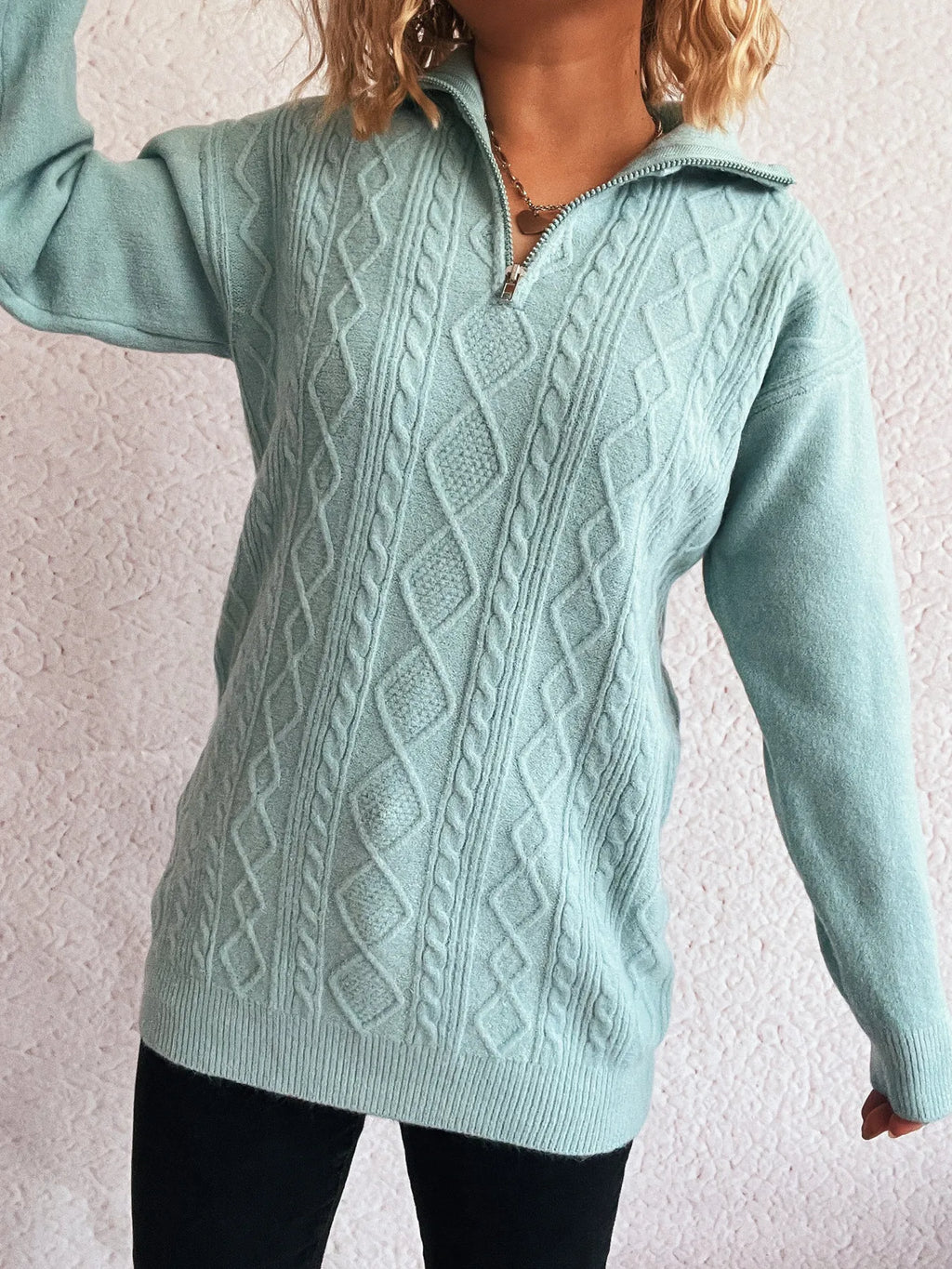 Texture Zip Collar Long Sleeve Sweater