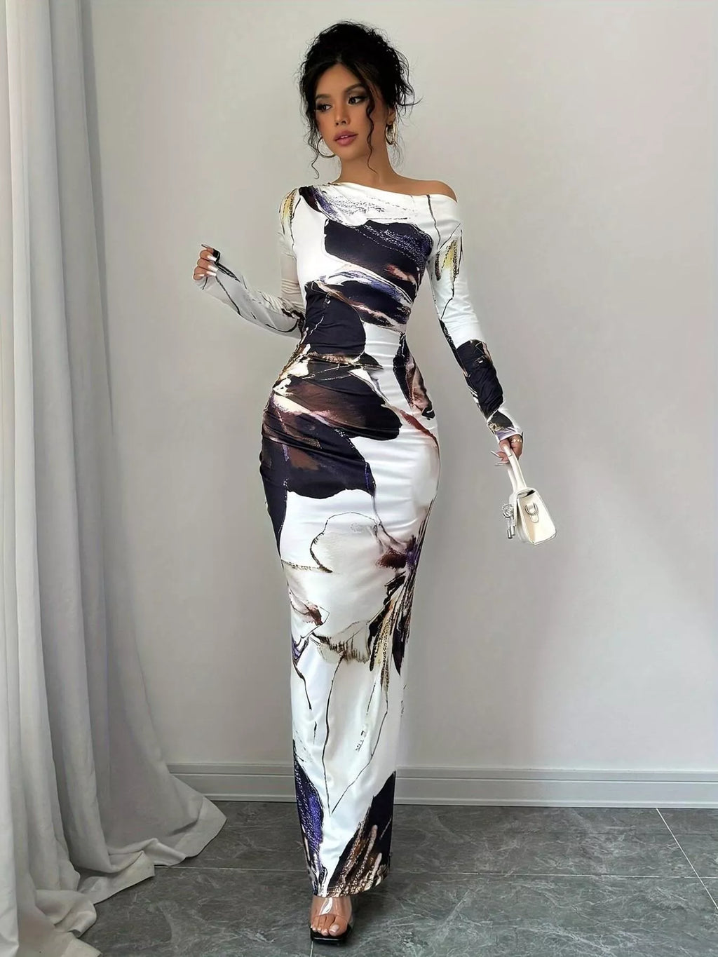 Floral One Shoulder Long Sleeve Maxi Dress