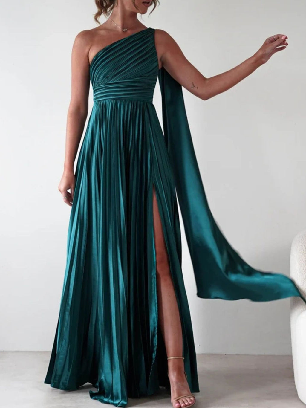 One-Shoulder Pleated Slit Maxi Dress