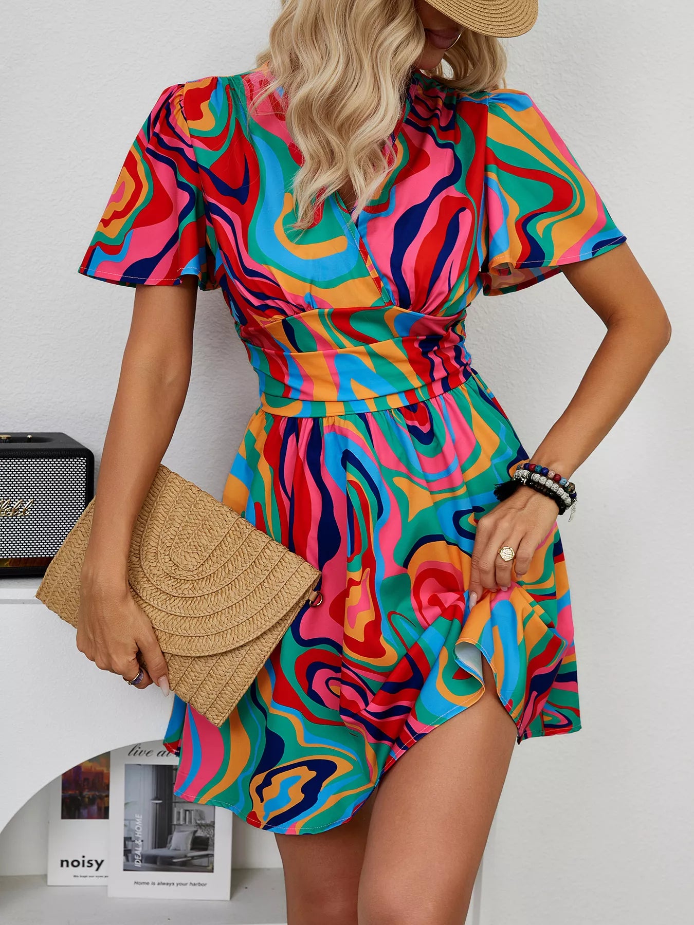 Colorful Print Short Sleeve Mini Dress