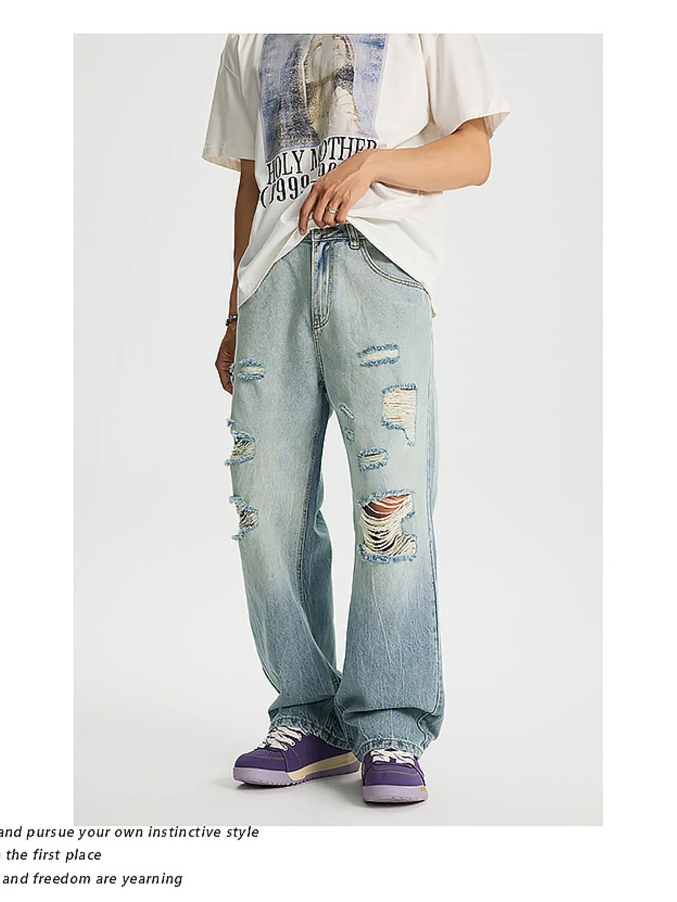Men's Full Size Distressed Wide Leg Jeans Plus Size
