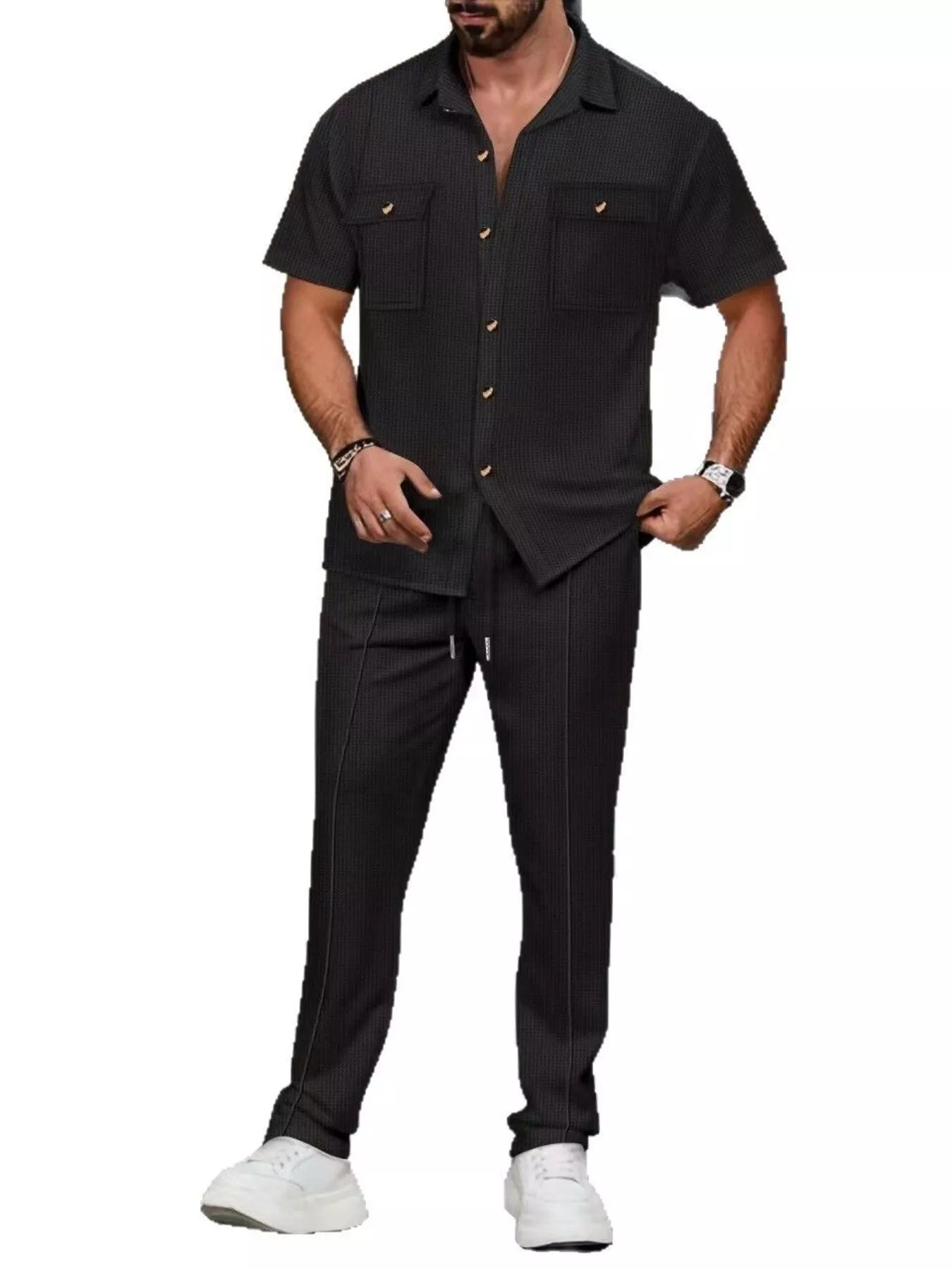 Men's Full Size Casual Short Sleeve Shirt and Pants Set Plus Size