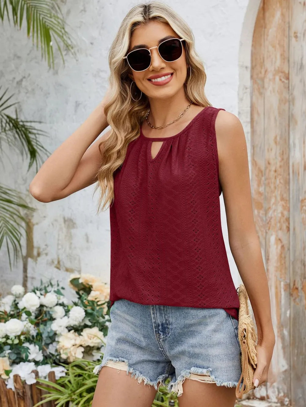 Eyelet Cutout Round Neck Tank