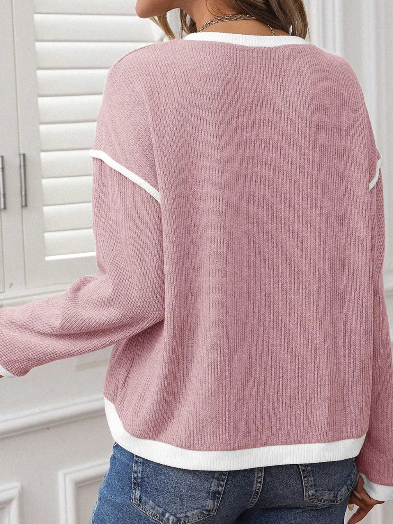 Contrast Color Trim Knit Drop Shoulder Loose Top