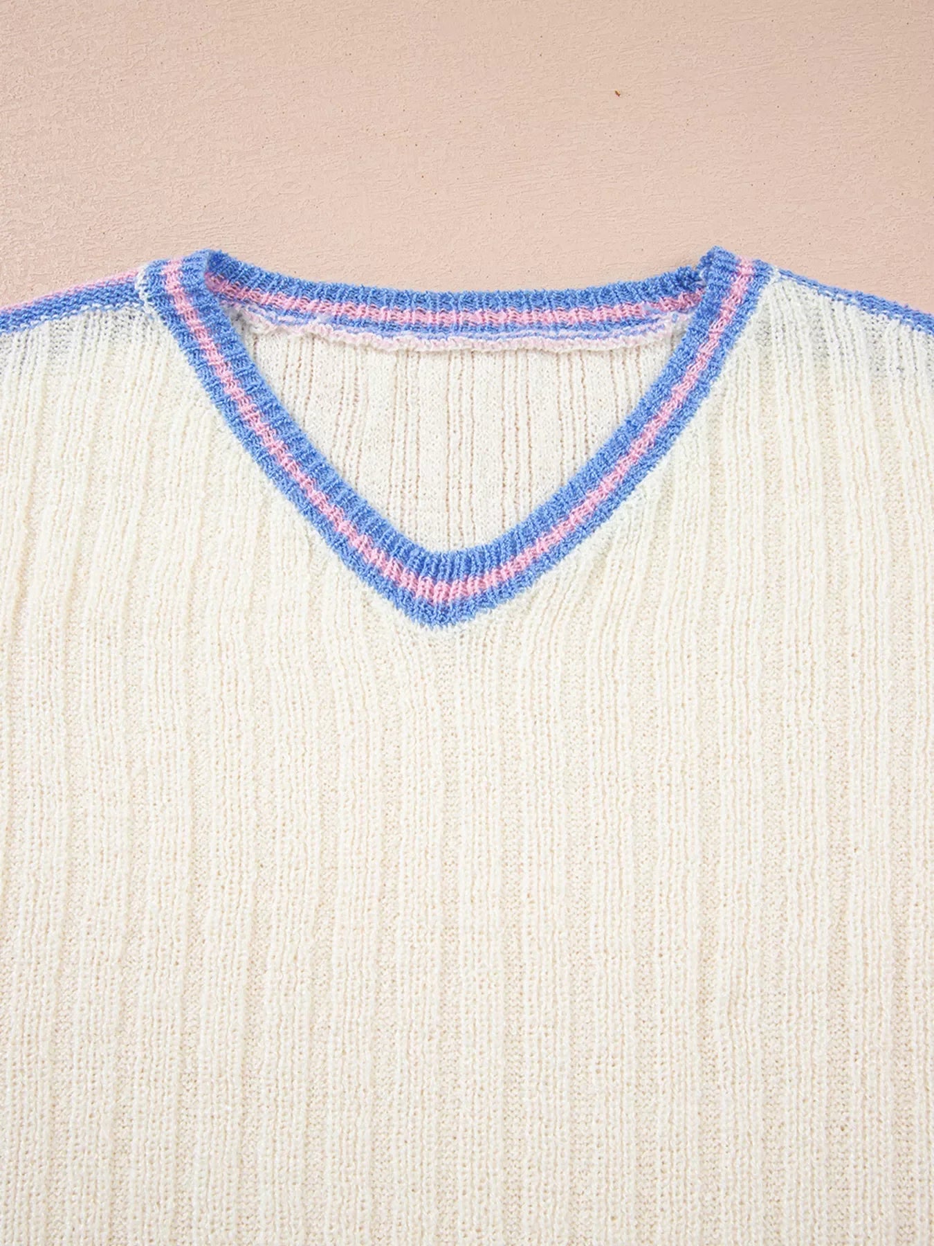 Striped V Neck Dolman Sleeve Rib Knit Oversized Sweater with Slits