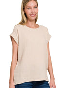 Zenana Double Gauze Round Neck Folded Short Sleeve Top