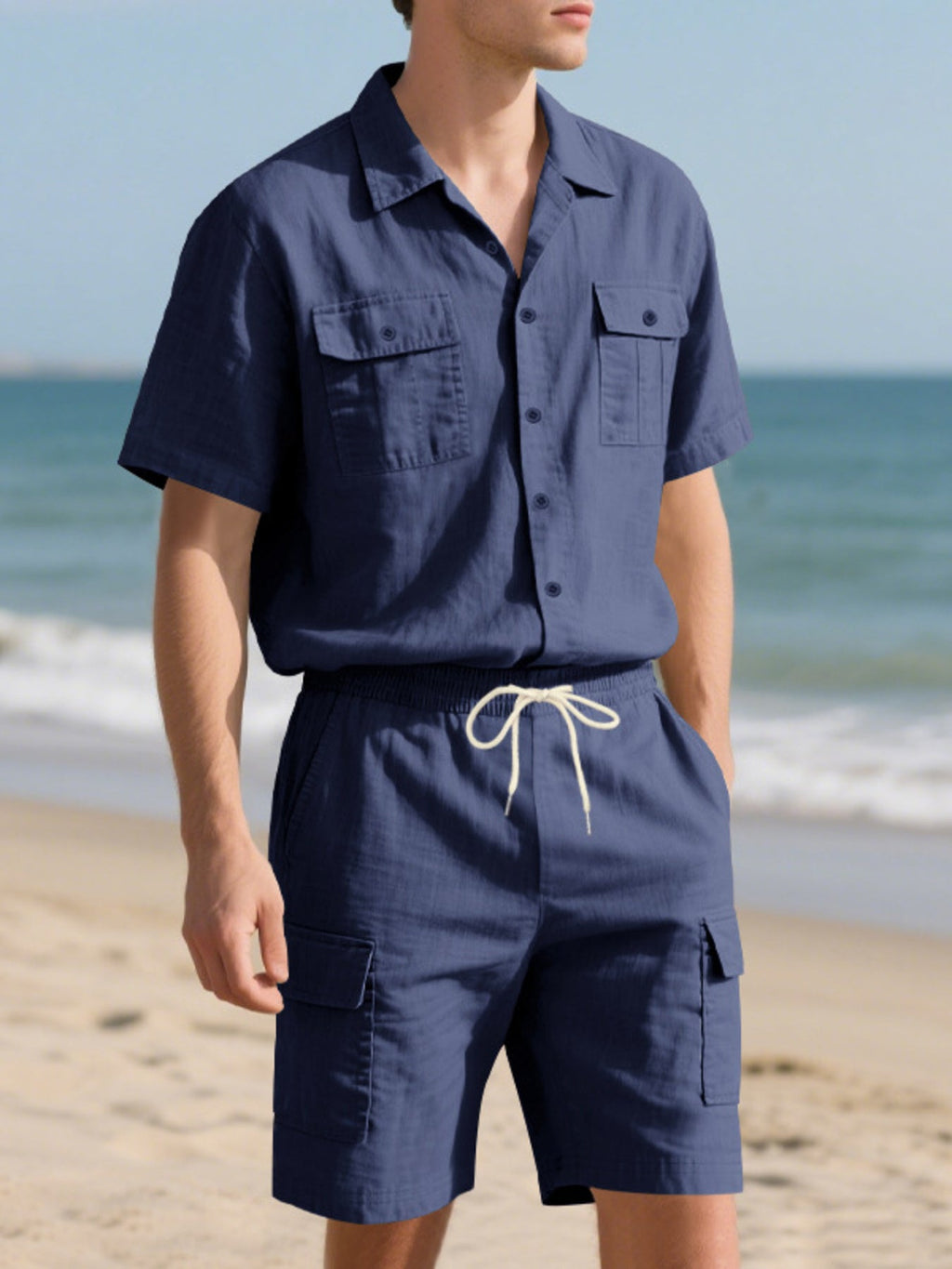Men's Full Size Button Up Shirt and Shorts Set Plus Size