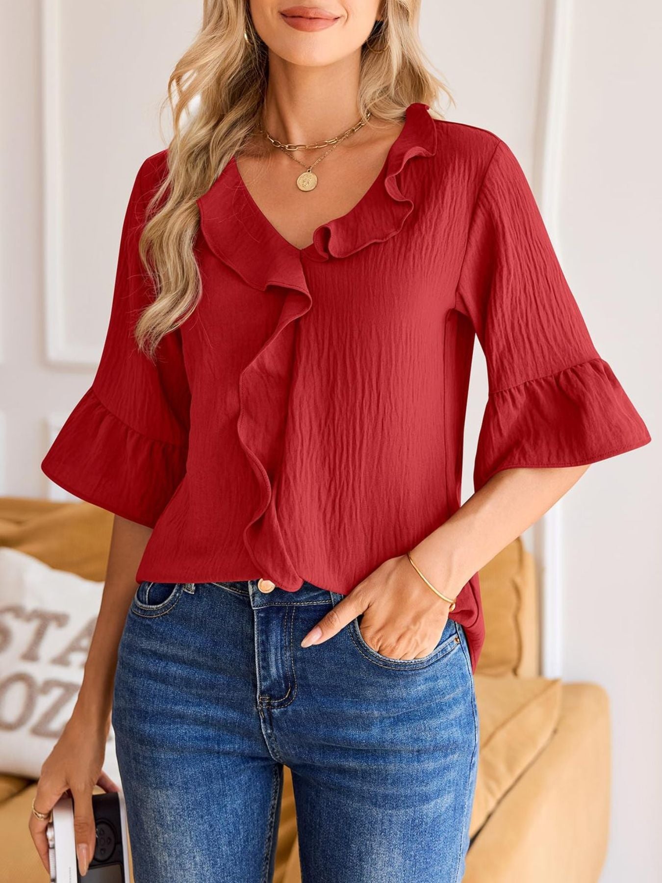 Ruffle V-Neck Flounce Sleeve Blouse