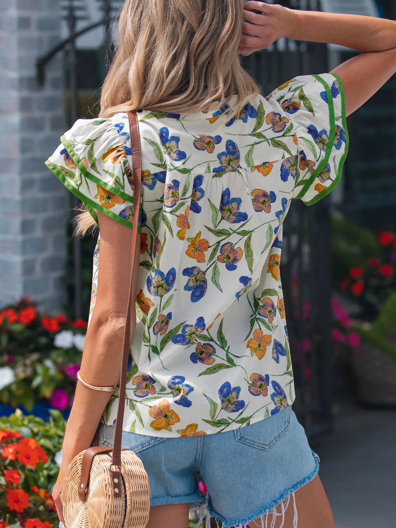 Floral Print Ruffle V-Neck Pressed Pleats Binding Tape Cotton Blouse