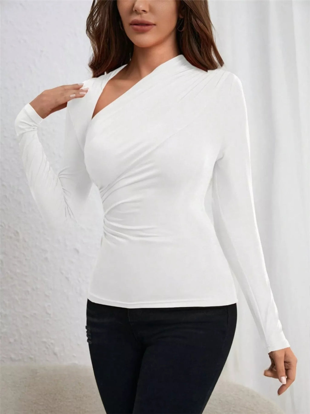 Asymmetrical Cutout Ruched Long Sleeve Top