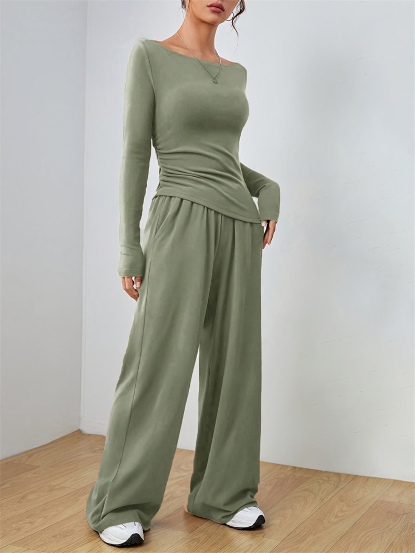 Casual Long Sleeve Top & Wide Leg Pants Set