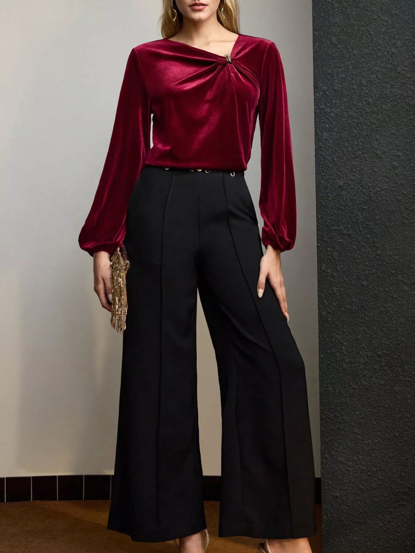 Velvet Twist-Front Long Sleeve Blouse