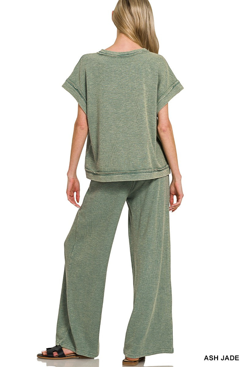 Zenana Washed Slub Short Sleeve Tee & Long Pants Set