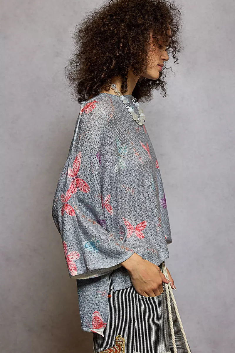 POL Butterflies Pattern Round Neck knit Top with Outseam Rolling Edge
