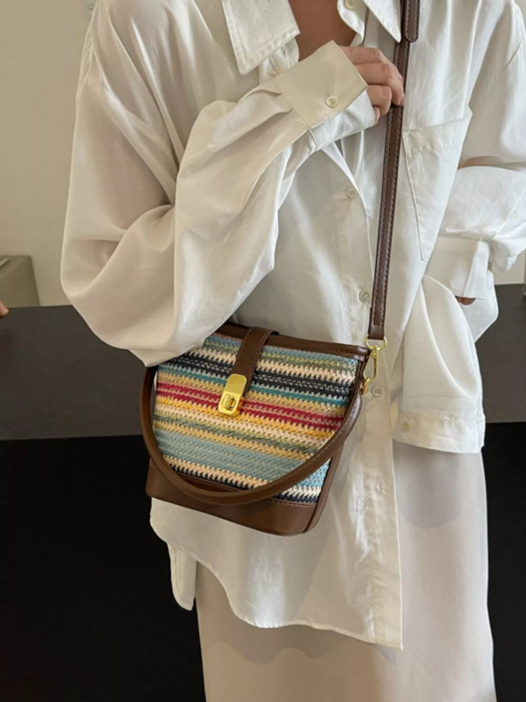 Striped Bucket Crossbody Bag