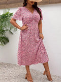 Plus Size Printed V-Neck Short Sleeve Midi Dress