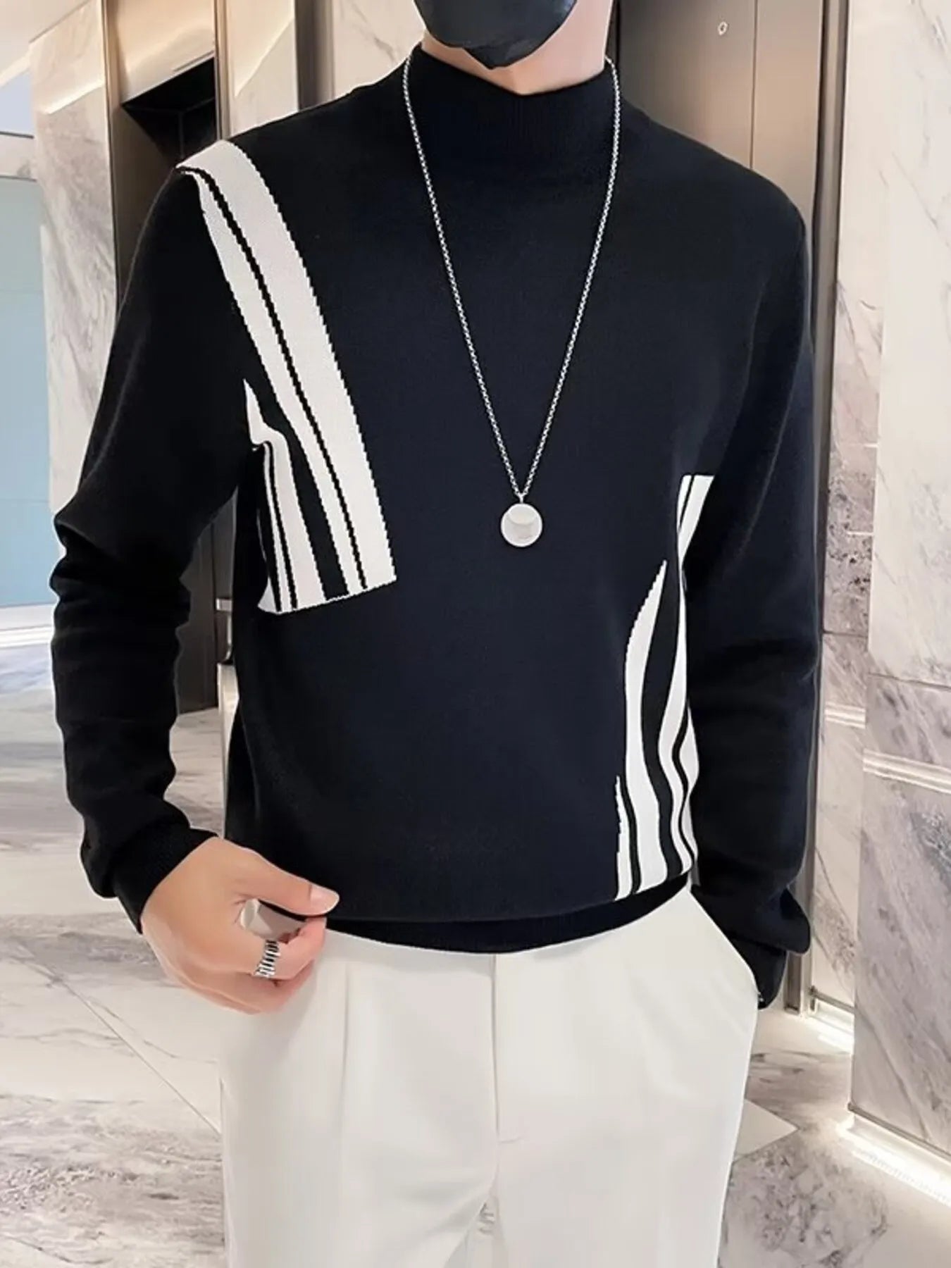Men's Plus Size Striped Pattern Turtleneck Pullover