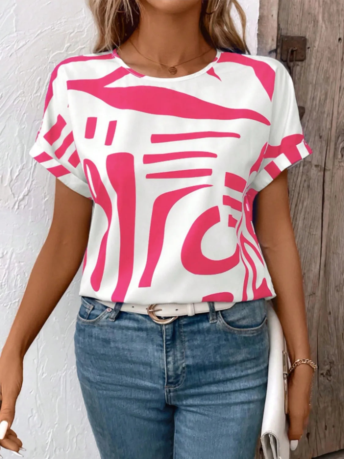 Contrast Round Neck Short Sleeve Blouse