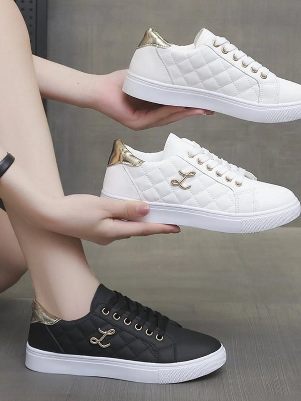 Quilted Platform Sneakers with Metallic Gold Accents