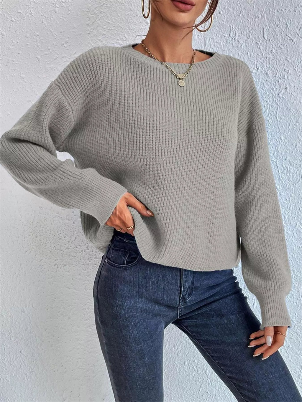 Ribbed Knit Dropped Shoulder Sweater