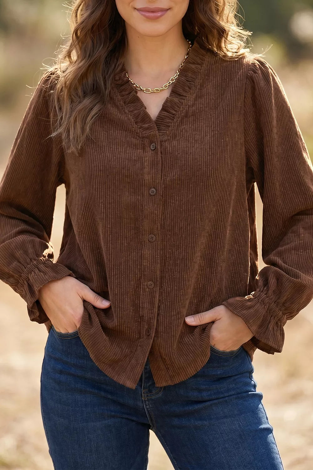 Solid Color Ruffle Trim V Neck Long Sleeve Button Corduroy Shakcet
