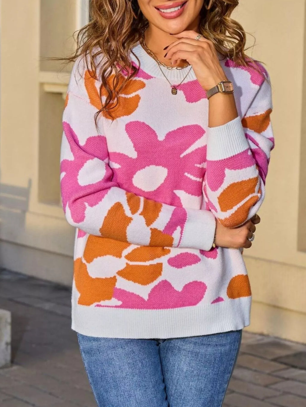 Floral Crew Neck Long Sleeve Sweater