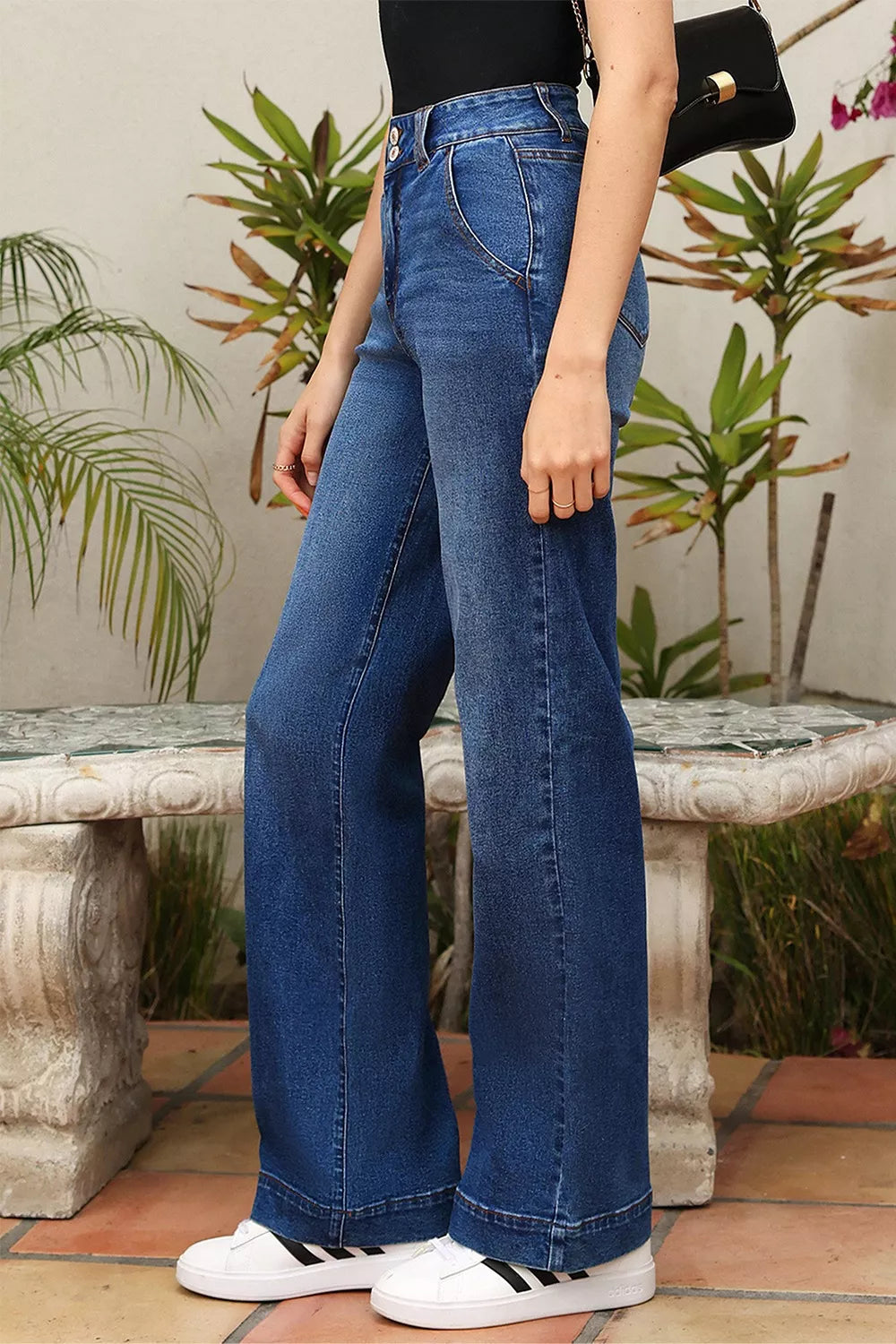 Double Button Zip Fly Straight Leg Jeans