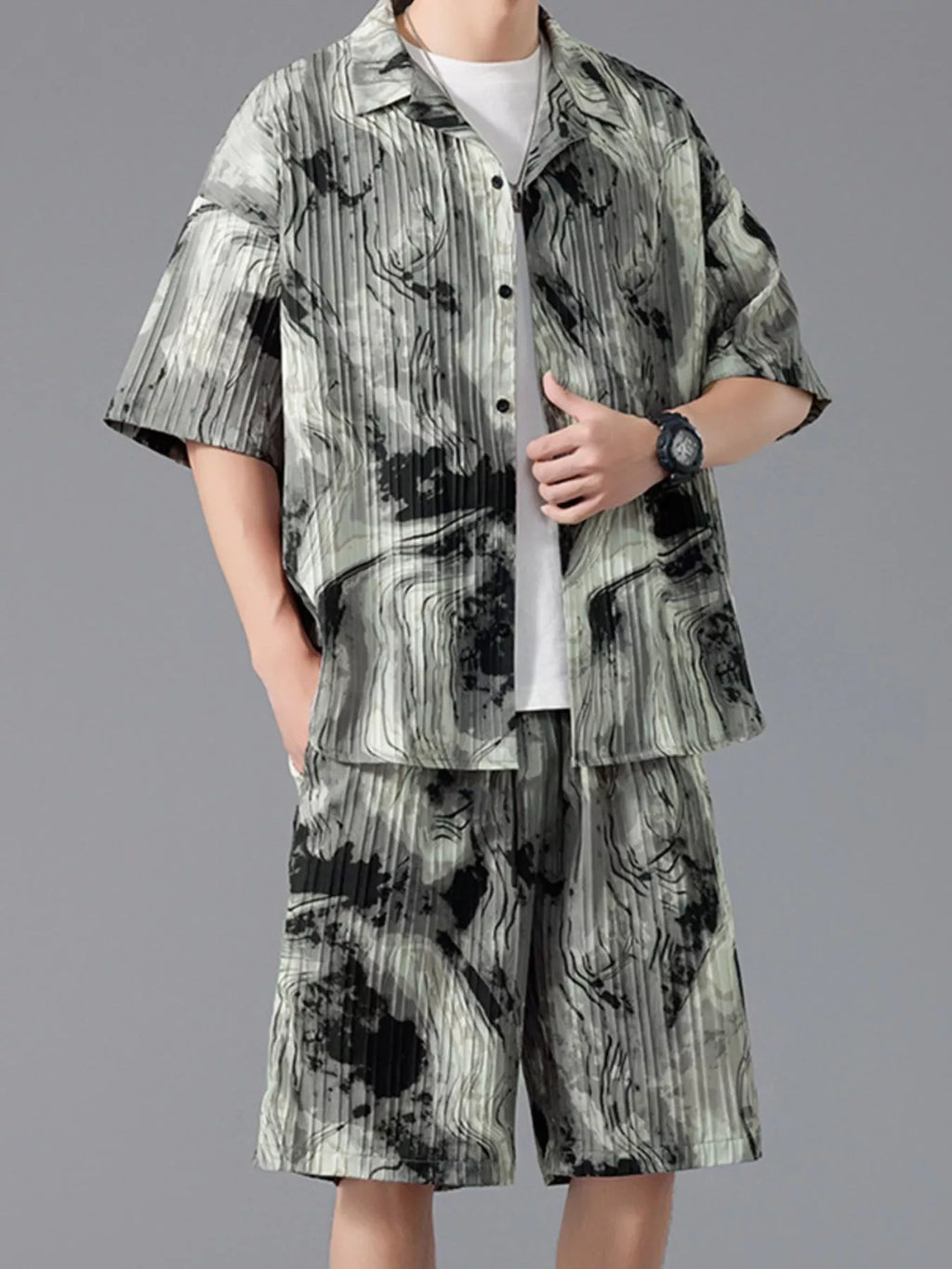 Men's Full Size Tie-Dye Casual Shirt and Shorts Set Plus Size
