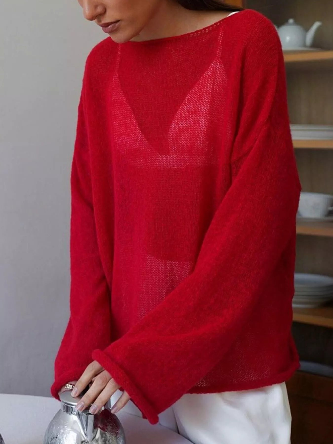 Boat Neck Dropped Shoulder Sweater