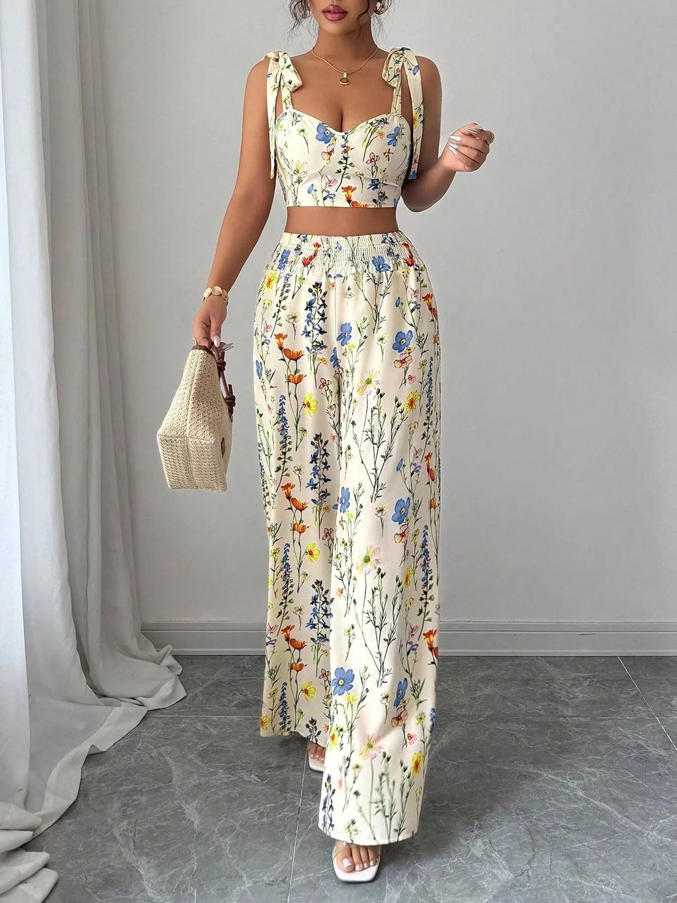 Floral Print Tie-Shoulder Crop Top & Wide Leg Pants Set