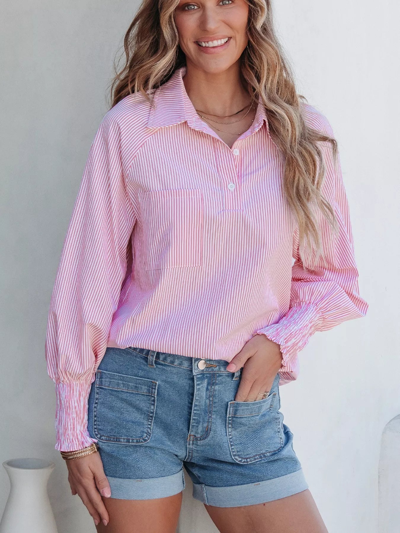Pinstripe Long Sleeve Smocked Cuffs Button Shirt Collar Blouse