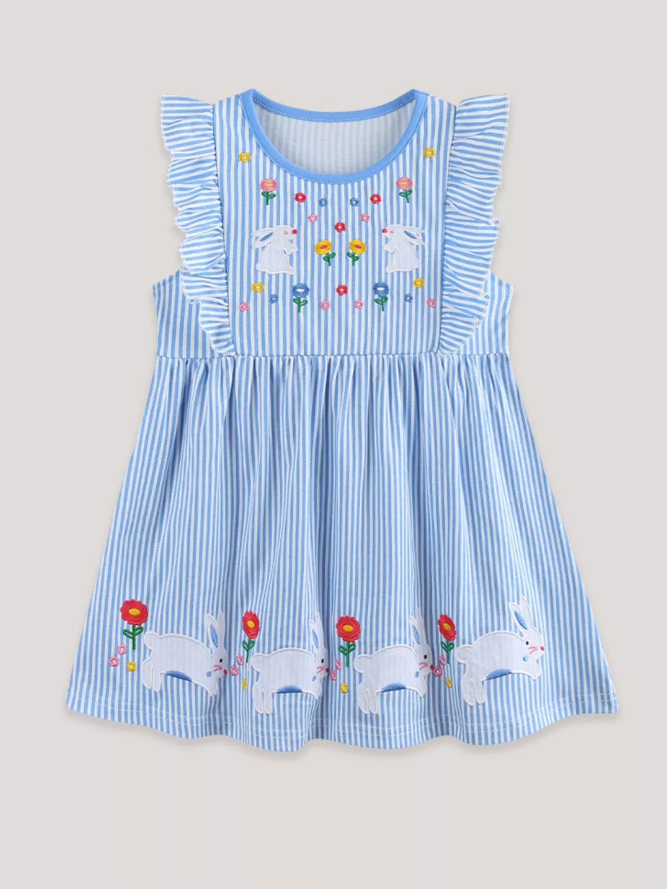 Children's Striped Bunny Embroidered Ruffle Sleeve Dress