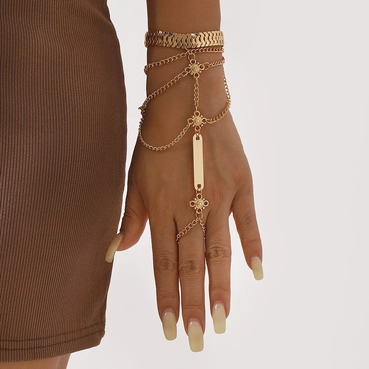 Multi Layered Chain Bracelet with Finger Ring