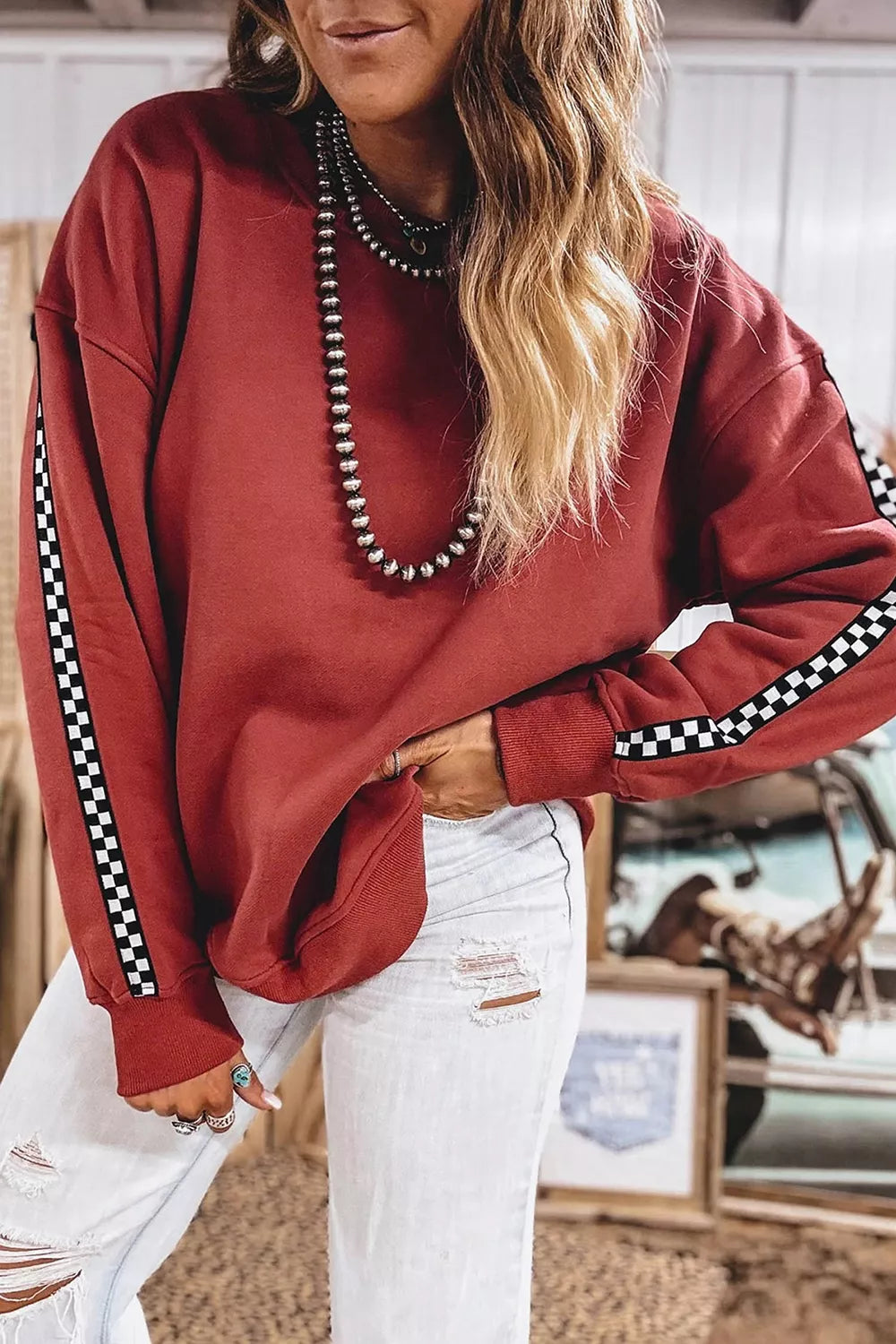 Checkered Trim Long Sleeve Round Neck Shift Sweatshirt