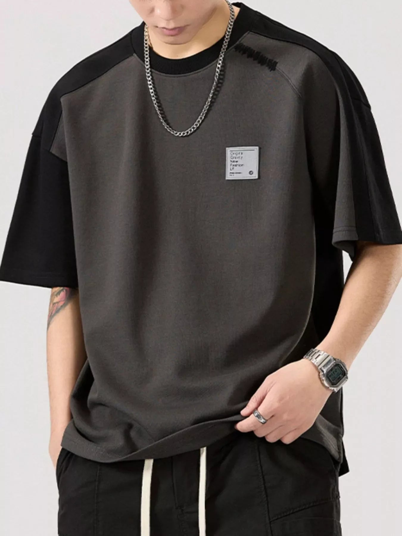 Men's Full Size Contrast Round Neck Short Sleeve T-Shirt Plus Size