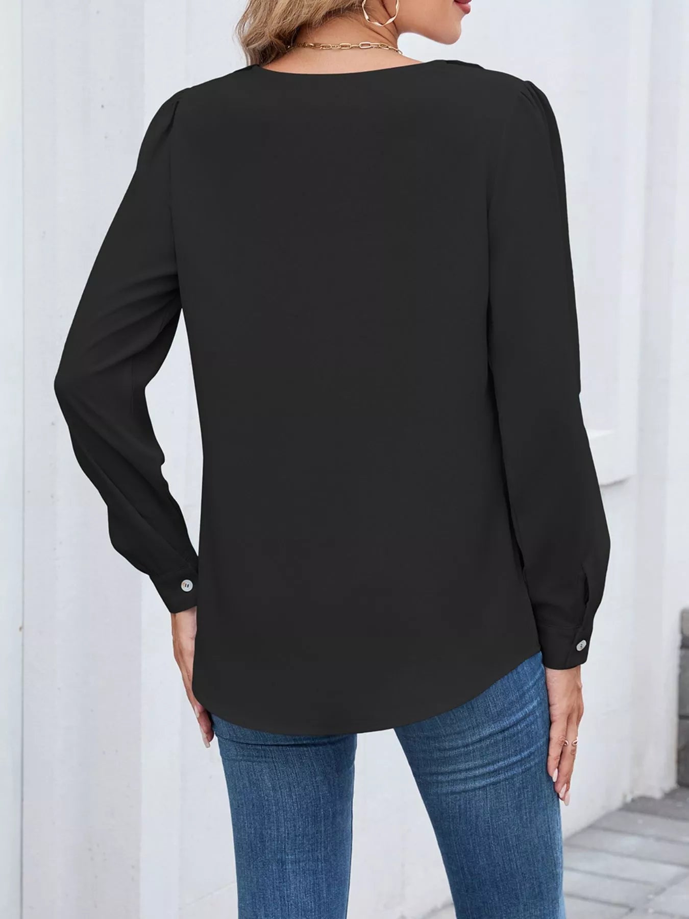 Ruffled V-Neck Long Sleeve Blouse