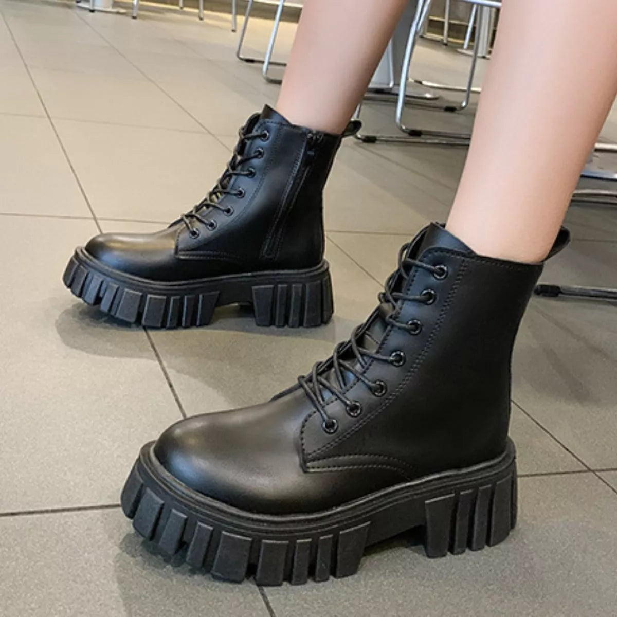 Round Toe Lace-Up Chunky Boots