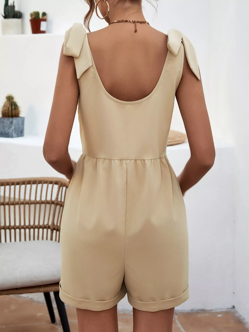 Tie Shoulder Romper with Front Pockets