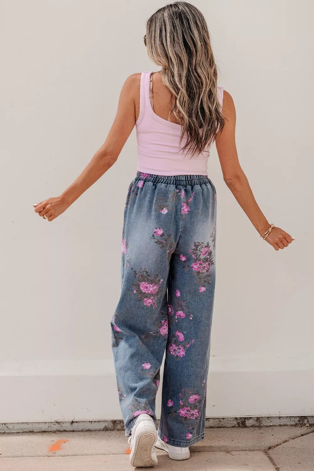 Floral Print Wide Leg Elastic Waist Jeans