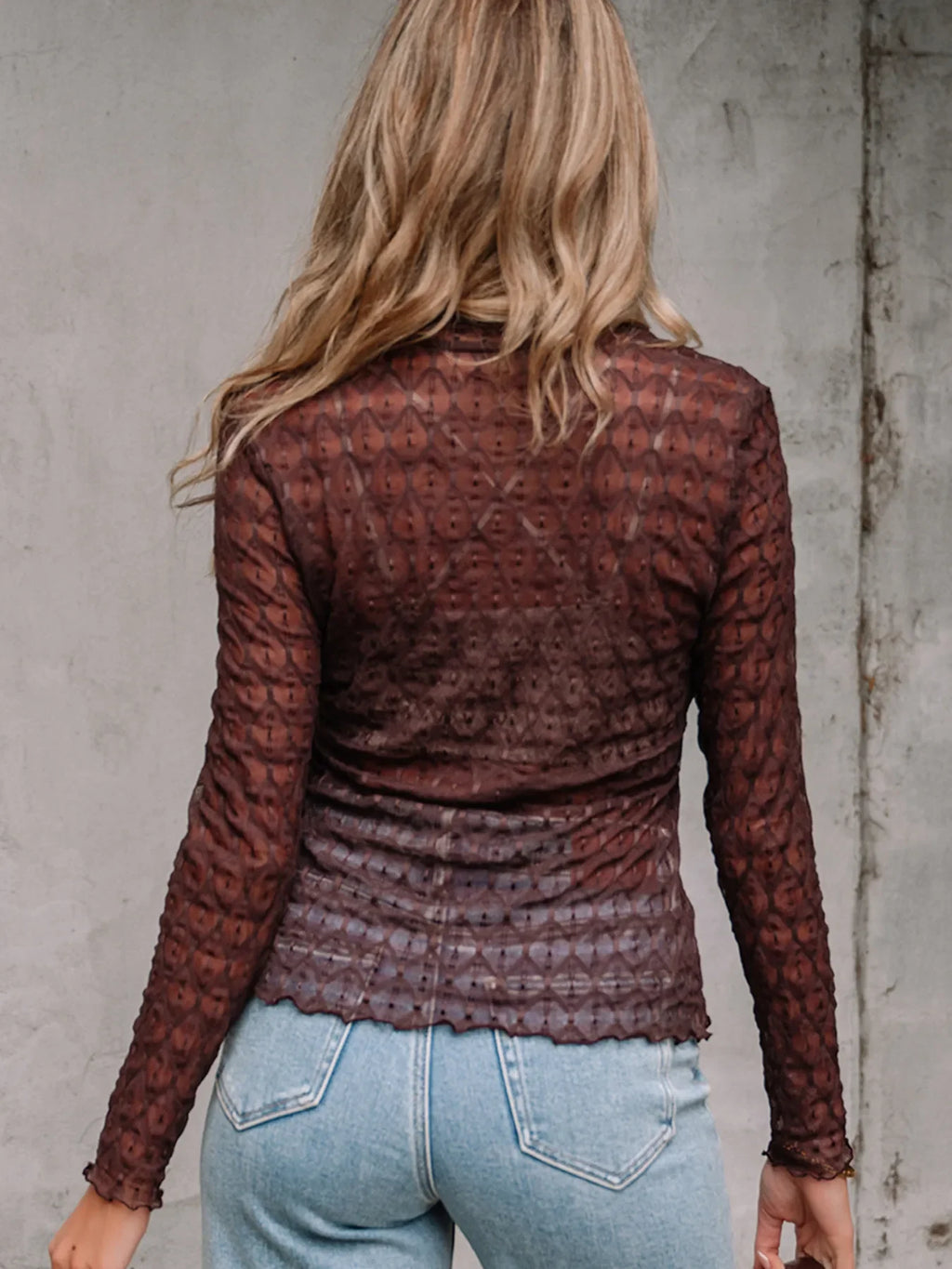 Sheer Mesh Patterned Lettuce Trim Slim Long Sleeve Top