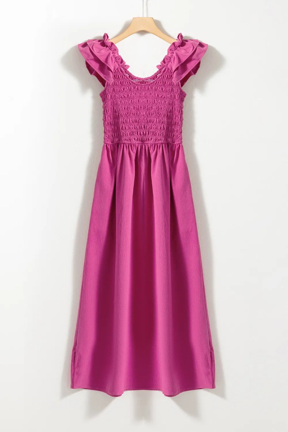 Solid Color Ruffled Straps Smocked Ruched Maxi Dress
