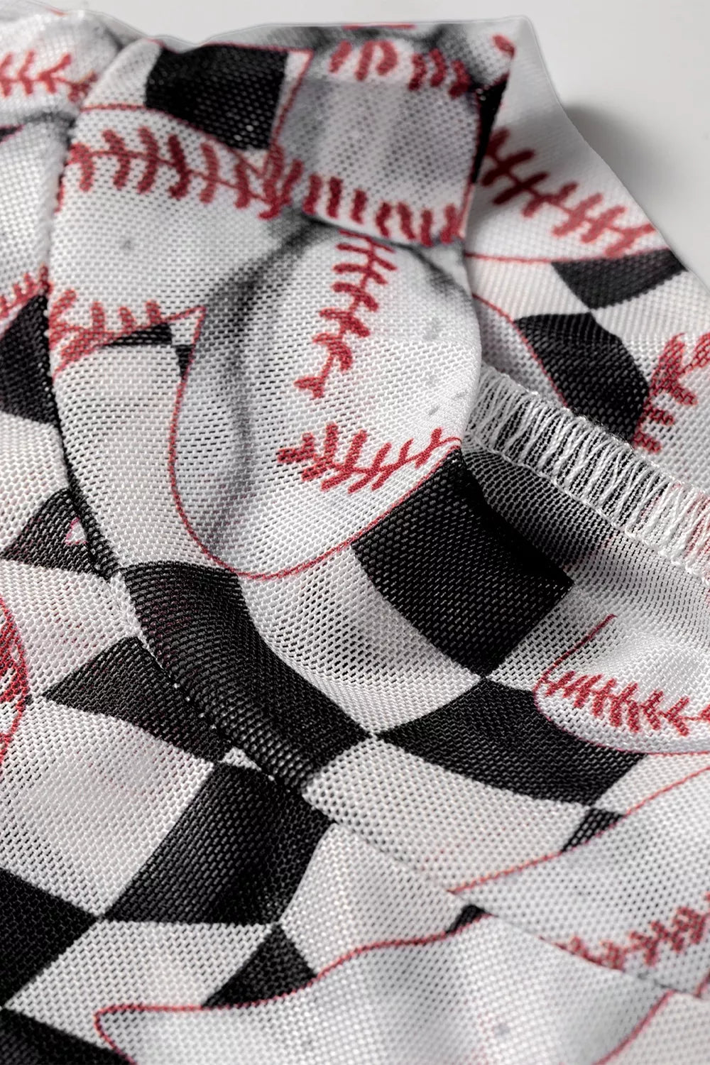 Checkered Baseball Bow Print High Neck Long Sleeve Mesh Top