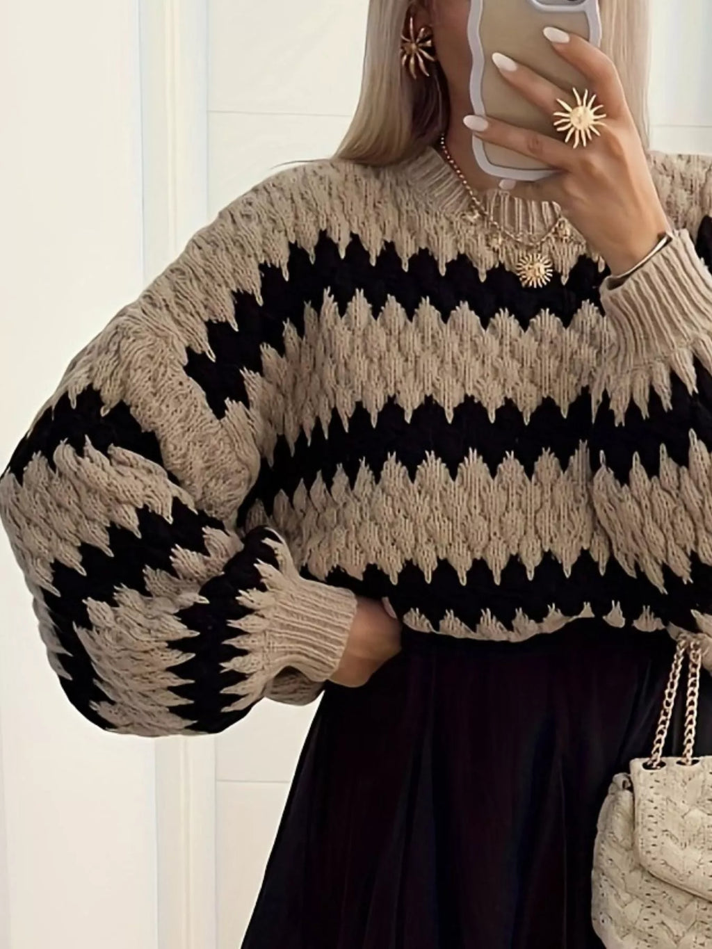 Textured Striped Round Neck Sweater
