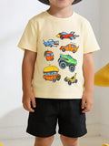 Children's Vehicle Print Crew Neck Short Sleeve T-Shirt