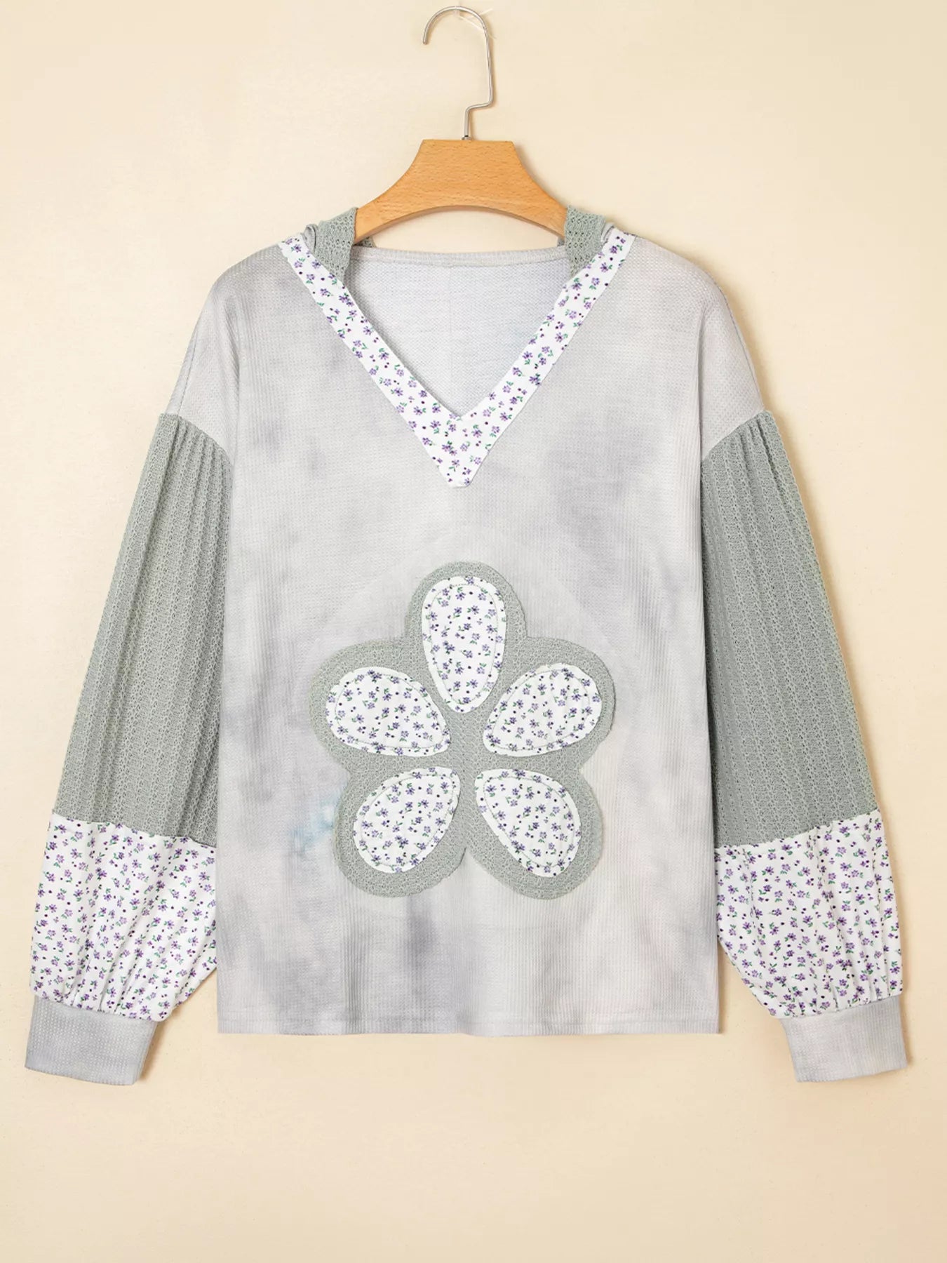 Floral Patched Waffle Textured V Neck Casual Hooded Top
