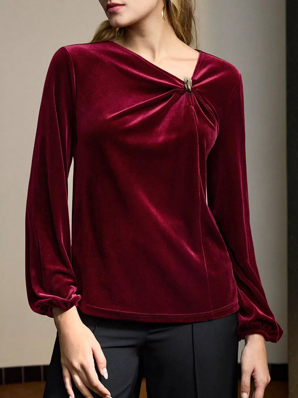 Velvet Twist-Front Long Sleeve Blouse