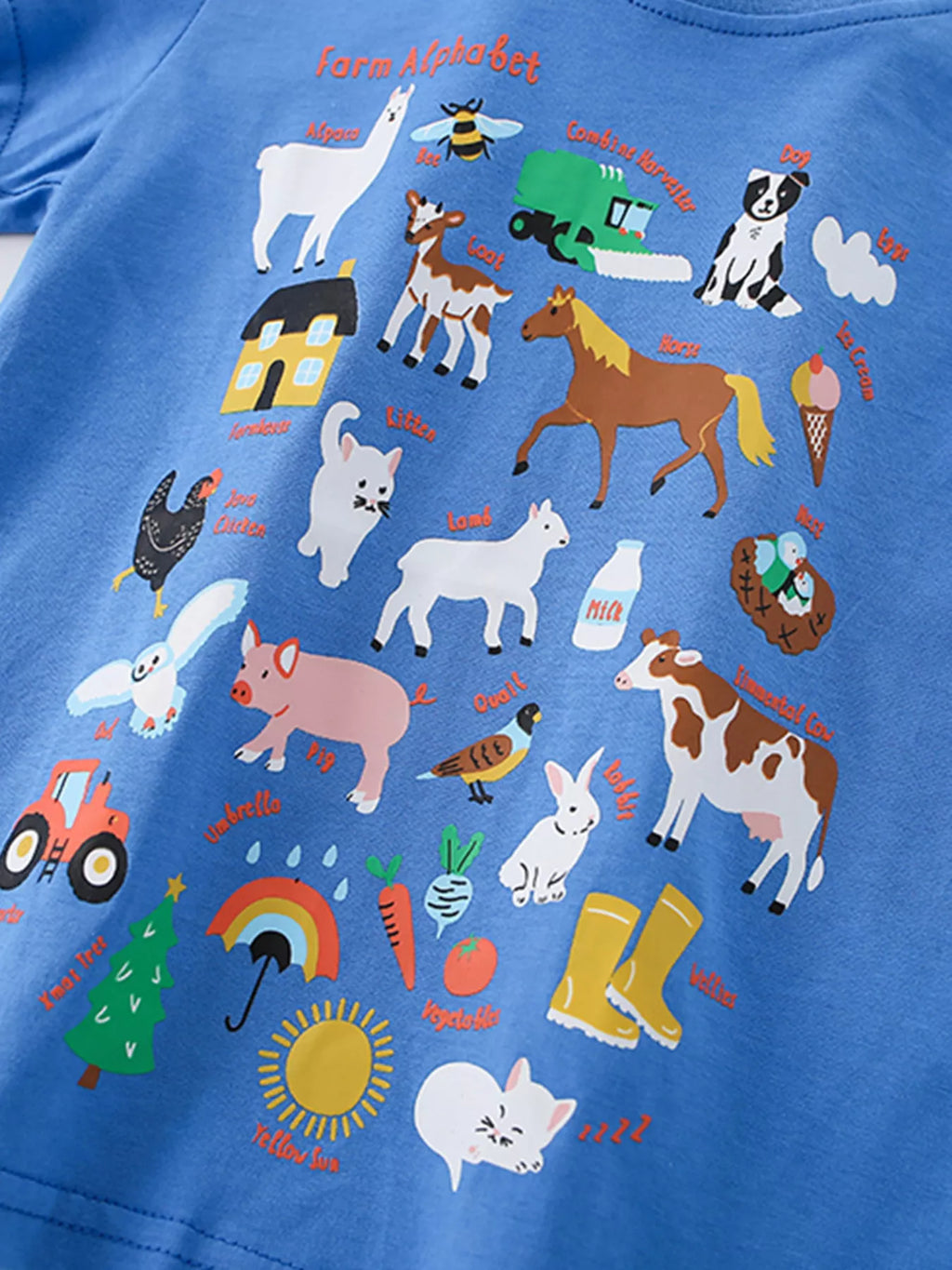 Children's Farm Alphabet Print Crew Neck Short Sleeve T-Shirt