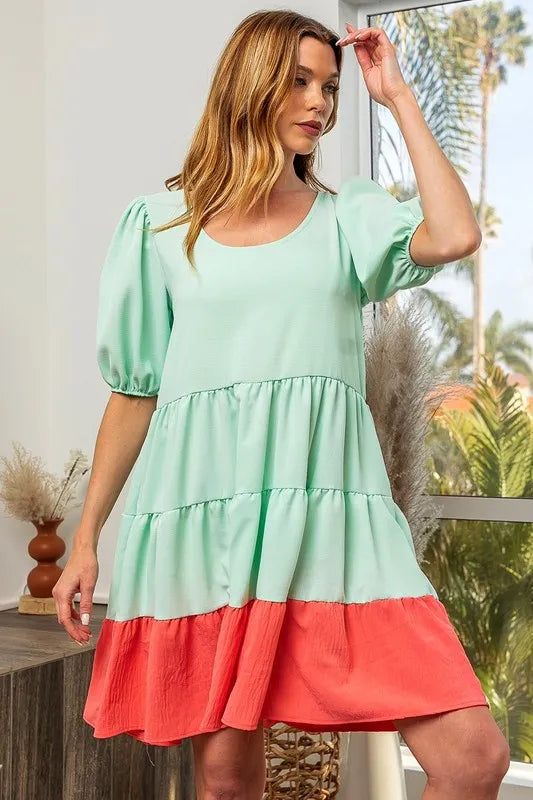 BiBi Two-Tone Balloon Sleeves U Neck Tiered Ruffle Hem Mini Dress