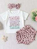 Children's Mama Graphic Tee and Leopard Shorts Set with Headband